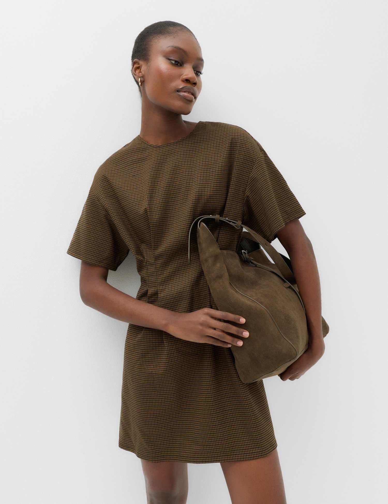 Marks & Spencer M&S Checked Crew Neck Mini Waisted Dress Brown Mix