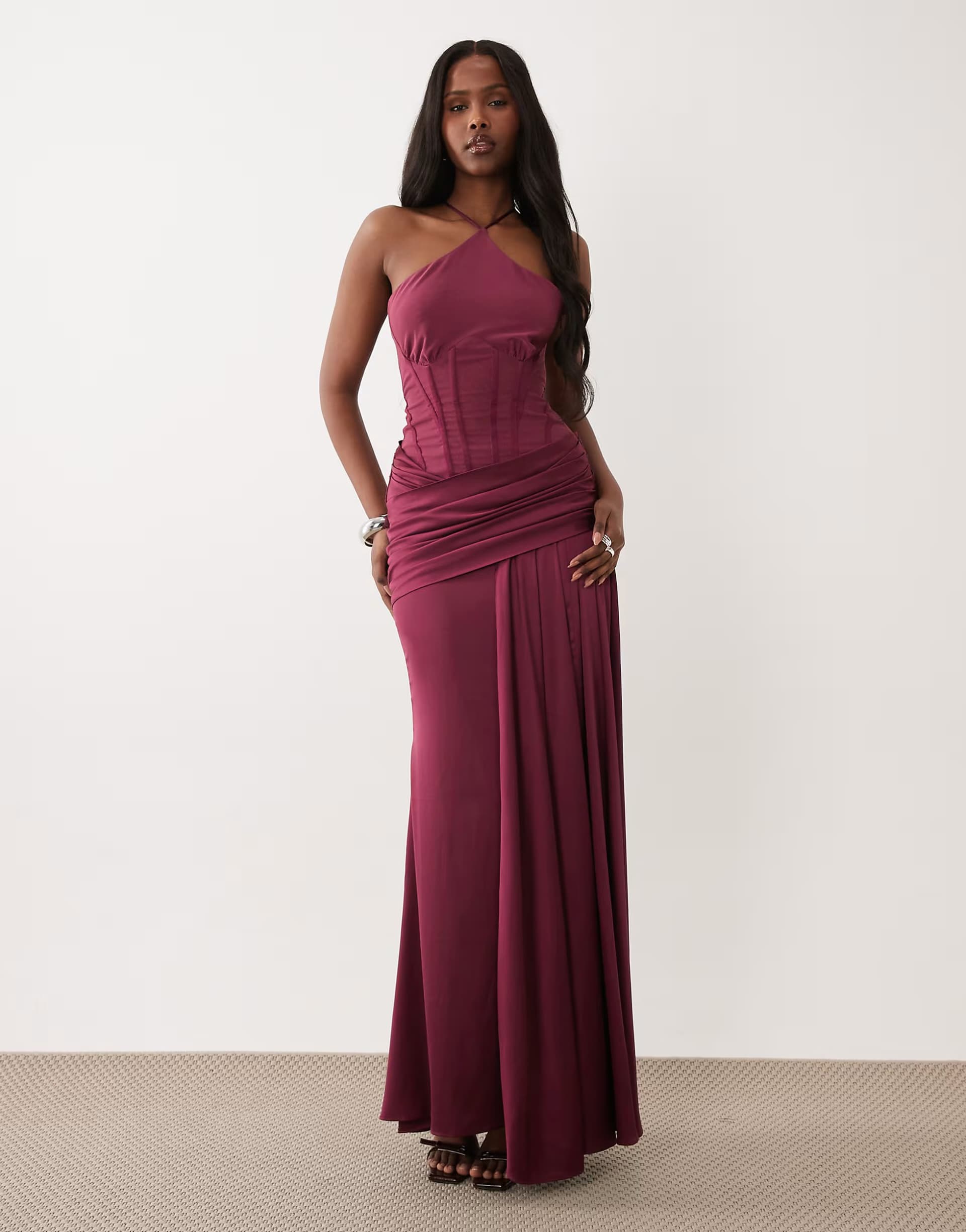 ASOS ASOS DESIGN Premium halterneck corset fishtail maxi dress with drape detail in plum