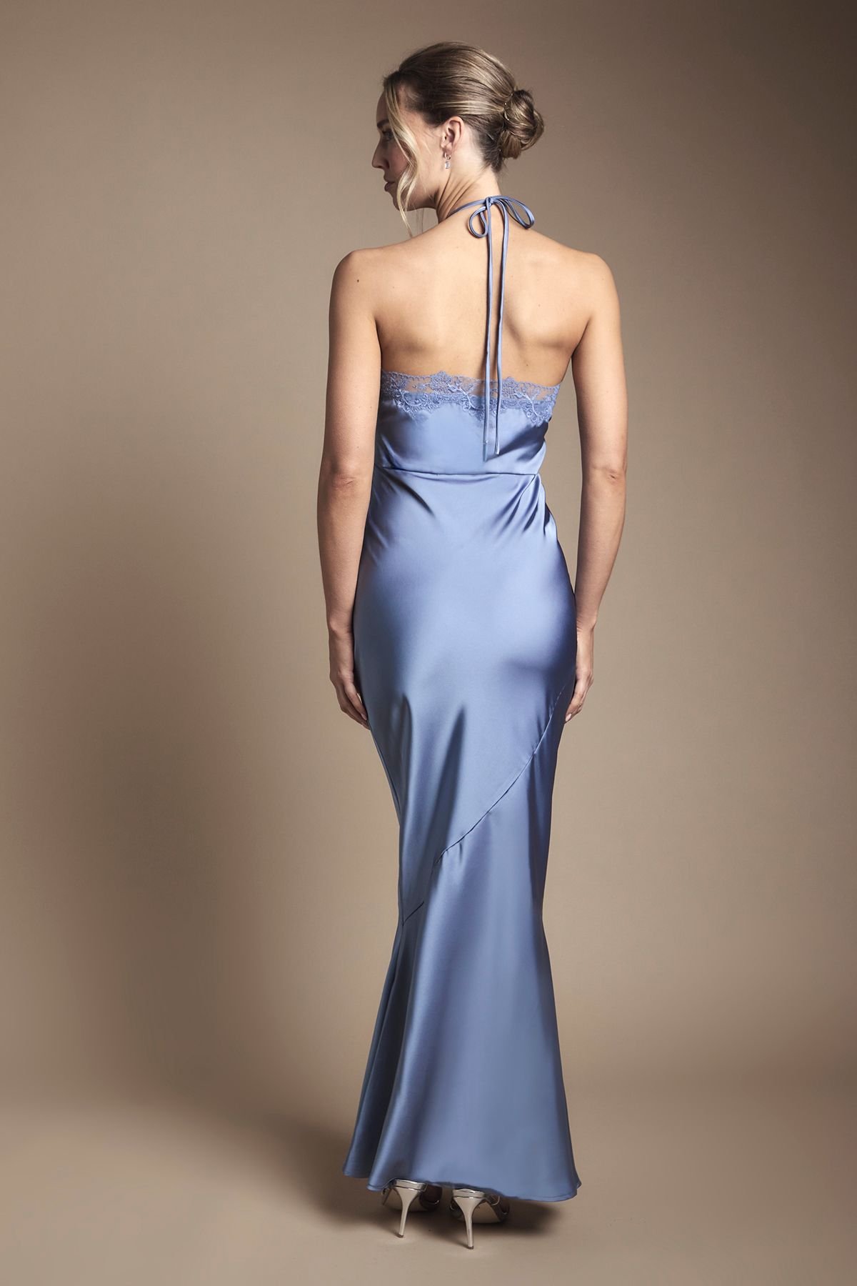 Oasis Oasis Women's Lace Trim Halter Satin Maxi Bridesmaid Dress in Blue - 3