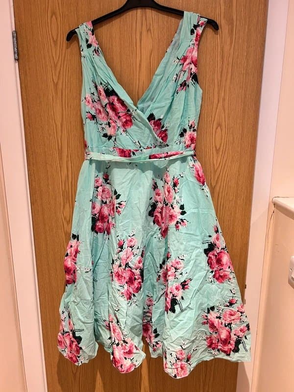 Anmol Anmol Duck Egg Belted Summer Dress with Roses - Size 20