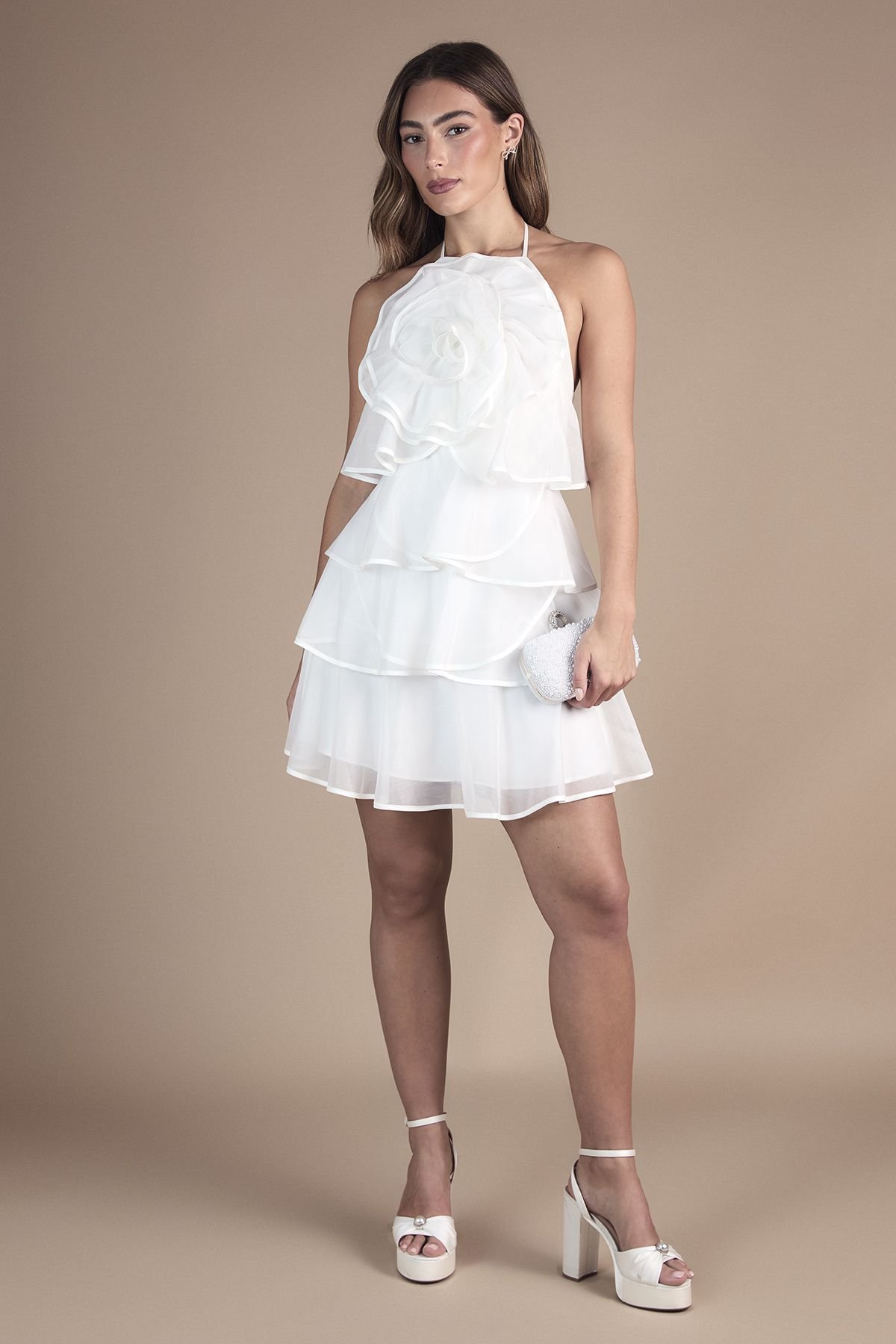 Coast Coast Women's Corsage Trim Layered Halter Neck bridal Mini Dress in Ivory - 4