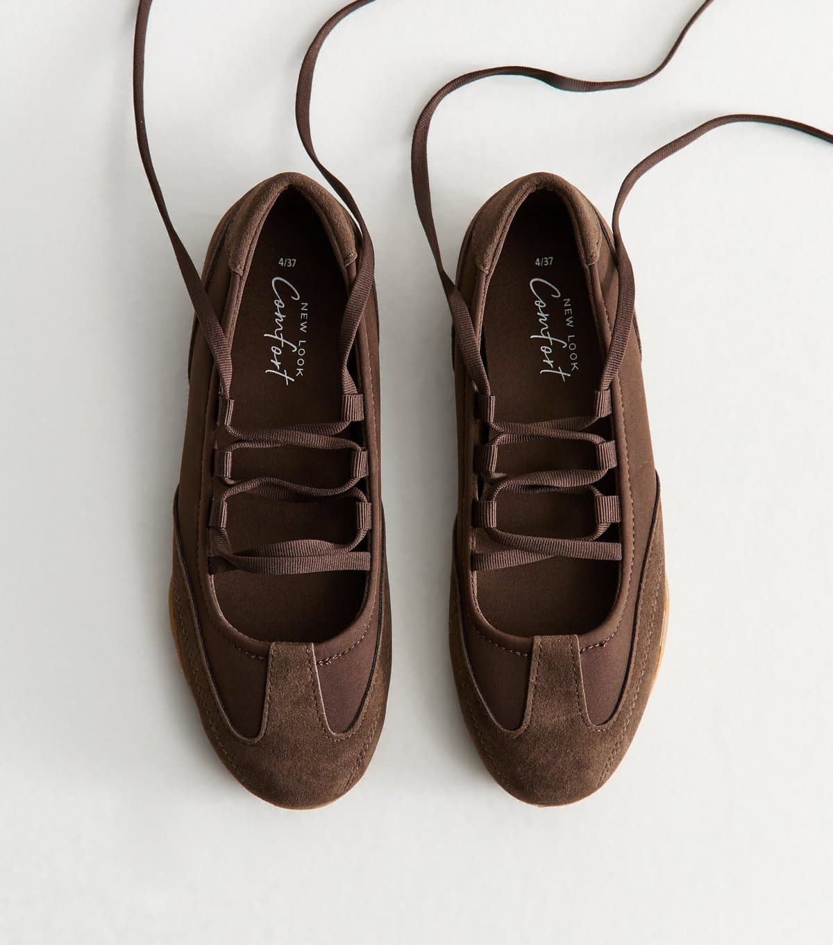 New Look Women's Dark Brown Faux Suede Lace Up Ballet Flats Vegan New Look