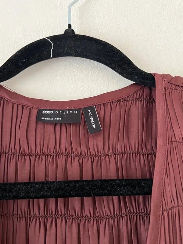 ASOS ASOS ruched satin midi maxi dress burgundy long sleeves with tie front detail size 8 new
