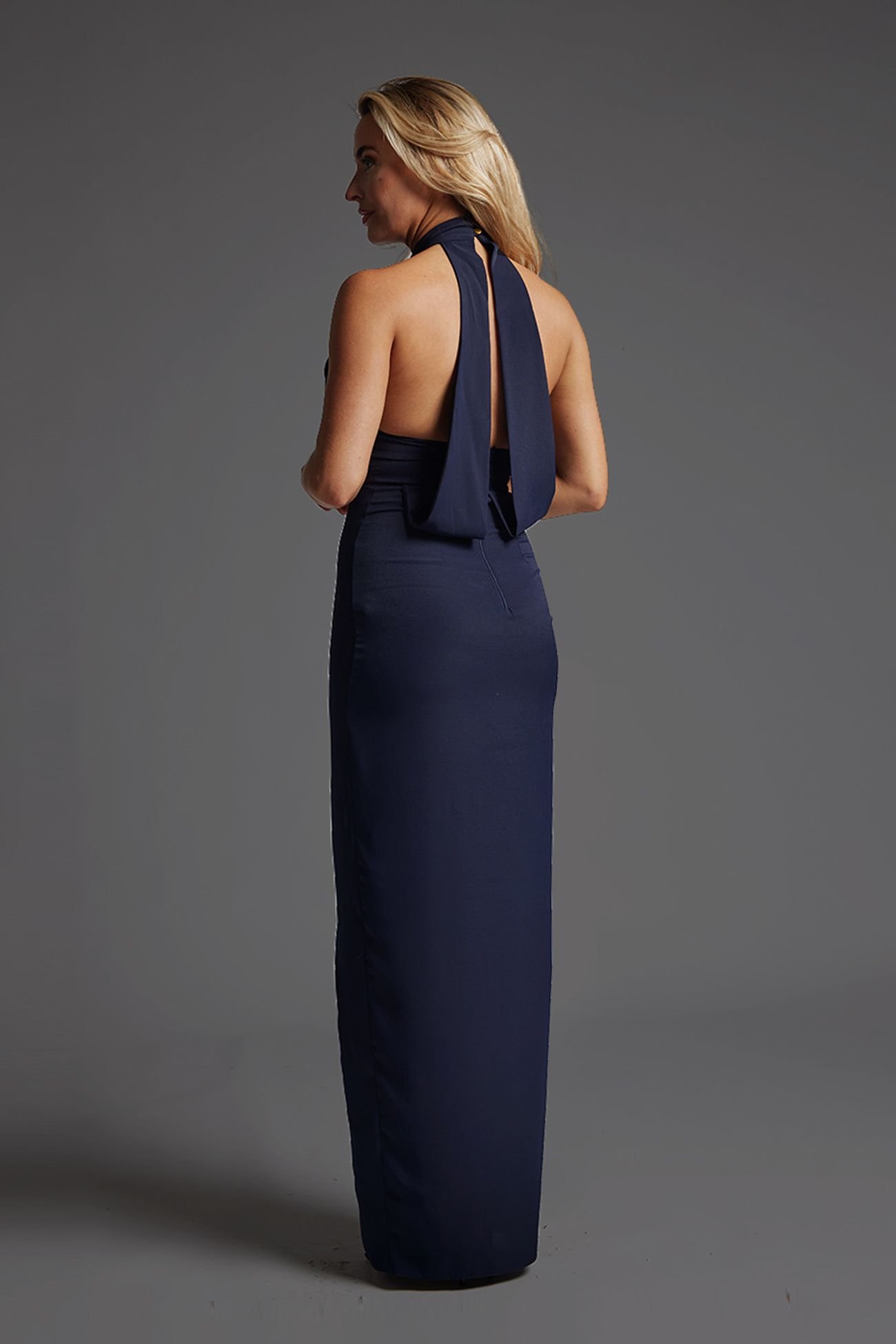 Vesper Vesper Women's Halterneck Drape Back Maxi Dress in navy - 3