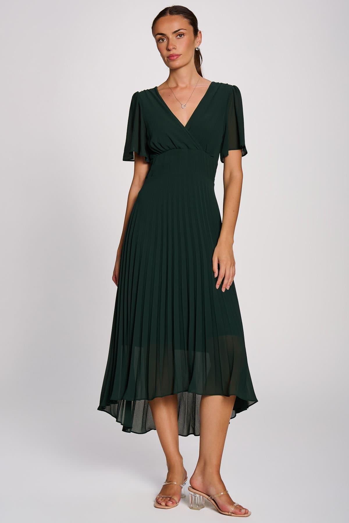 Jolie Moi Jolie Moi Women's Chiffon Pleated Maxi Dress in Dark Green
