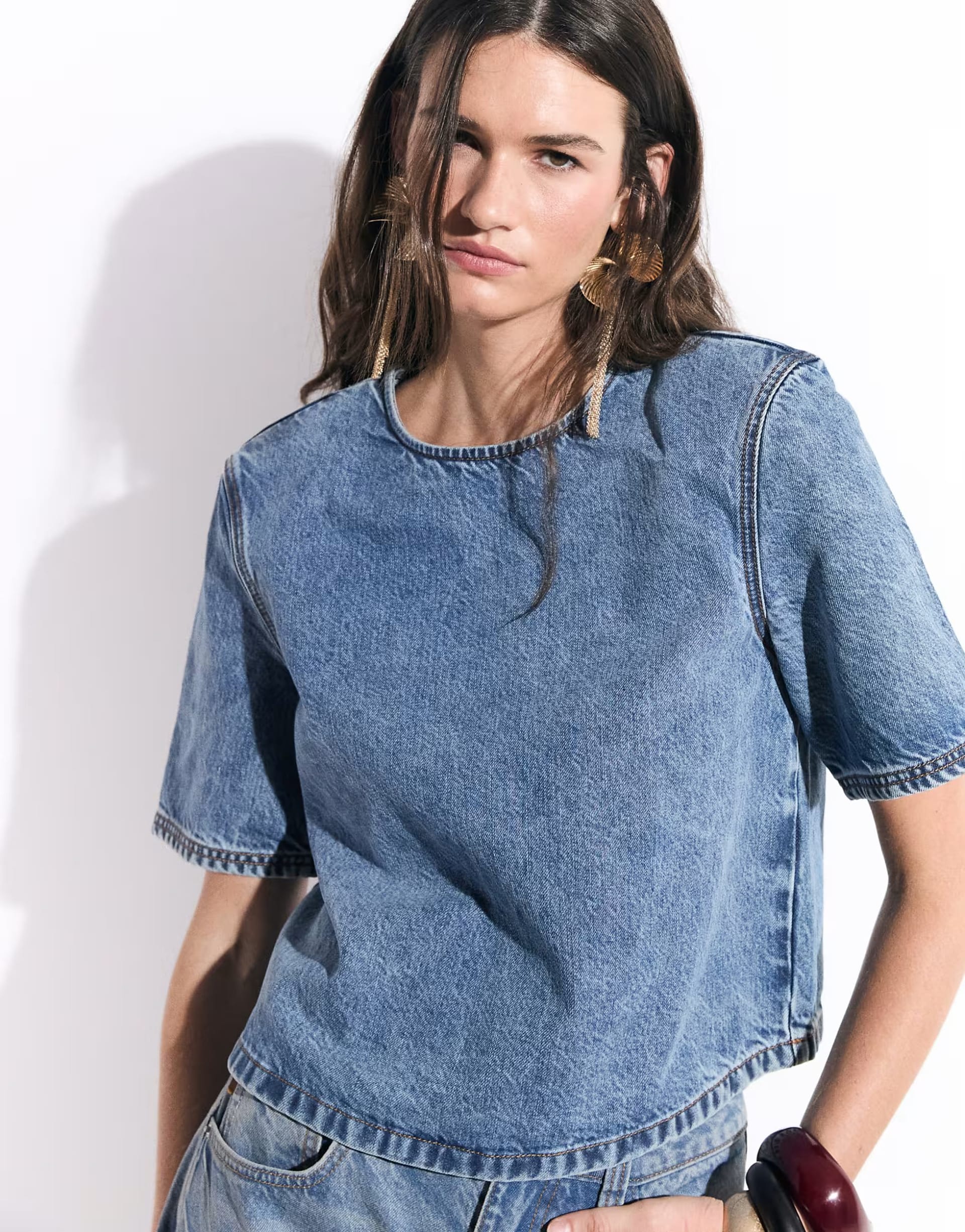ASOS DESIGN denim shoulder pad t shirt co-ord in mid blue