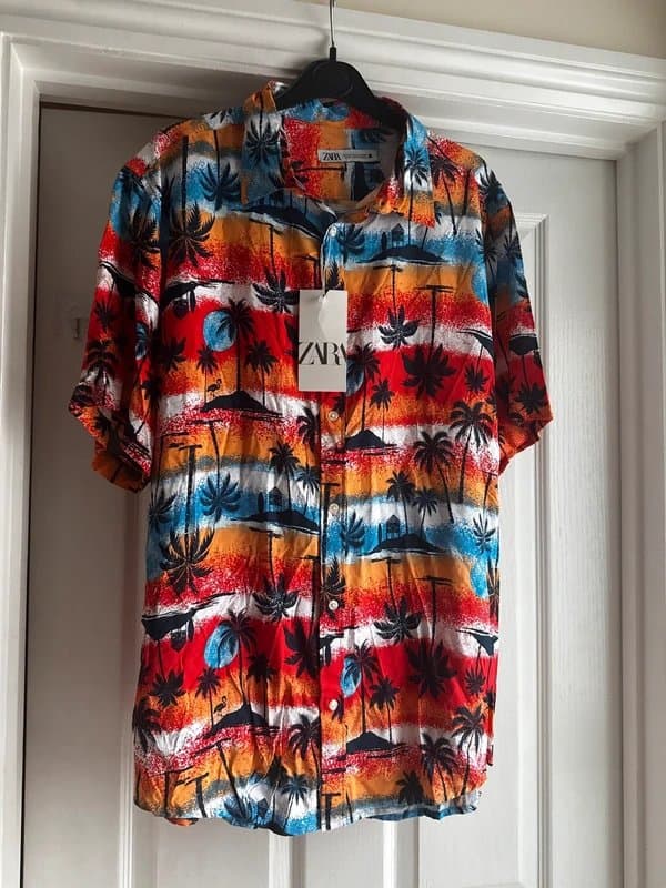 Zara ZARA Men’s 100% Linen Tropical Sunset Print Shirt – XXL | Holiday, Beach & Festival Style BNWT