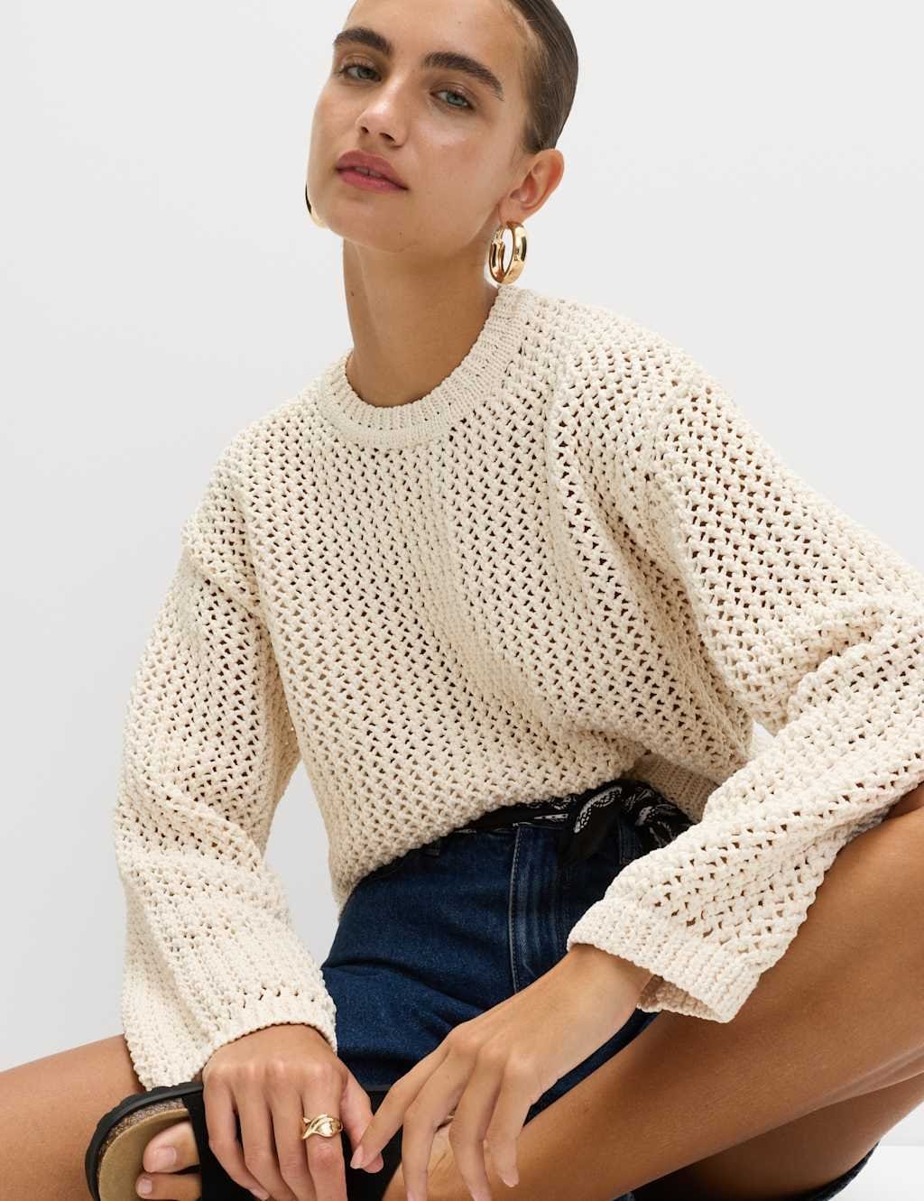 M&S Vanilla Textured Crew Neck Cropped Jumper