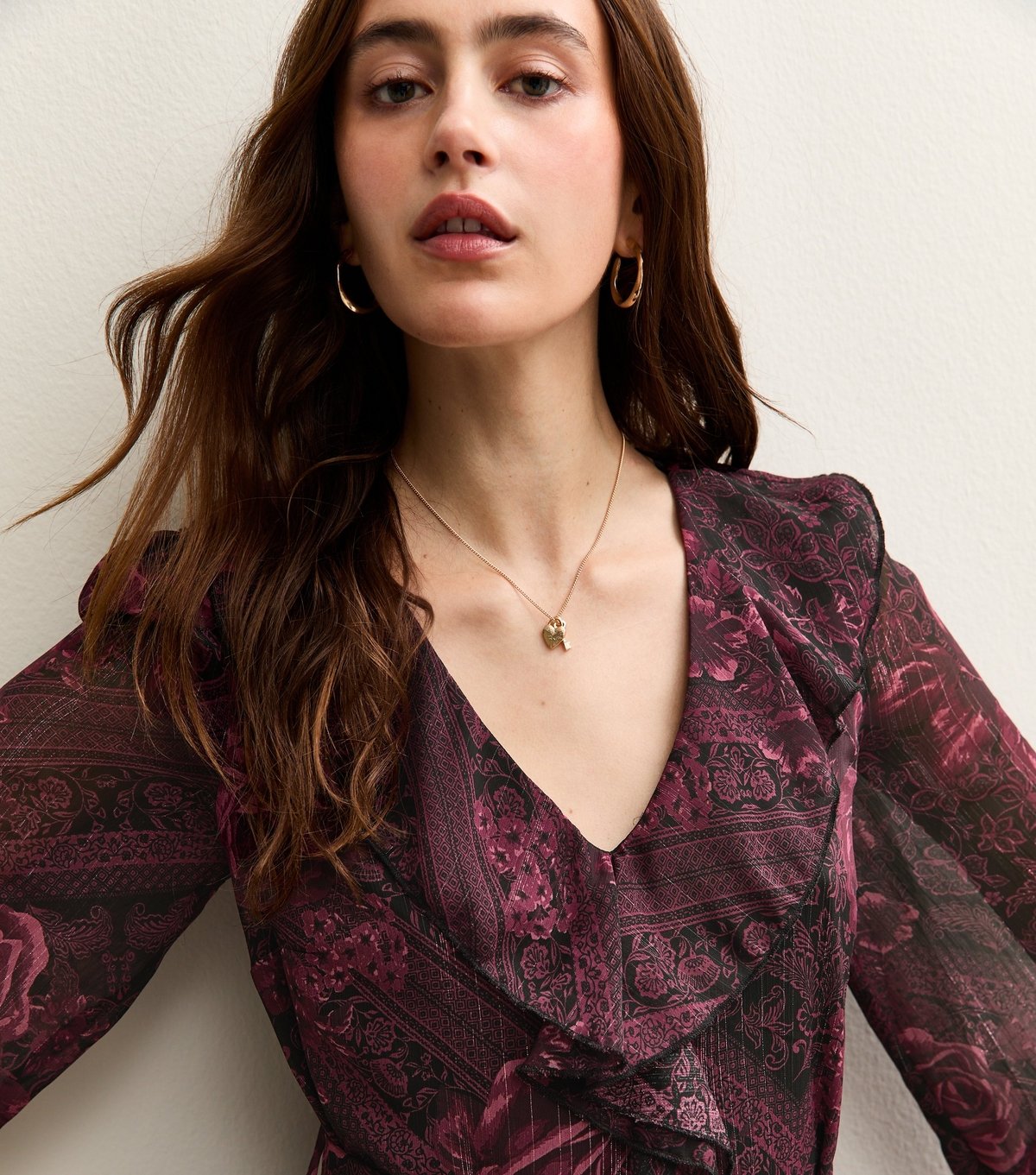 New Look Women's Dark Red Rose Print Shimmery Stripe Chiffon Mini Dress New Look - 2