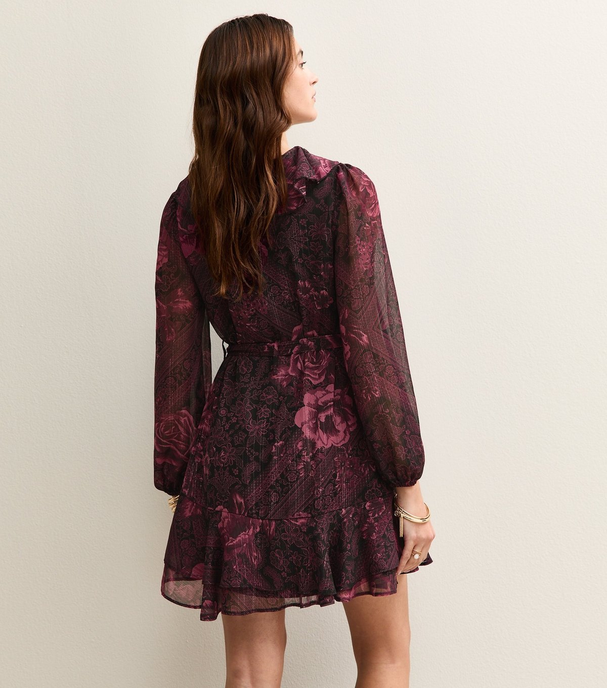 New Look Women's Dark Red Rose Print Shimmery Stripe Chiffon Mini Dress New Look - 4