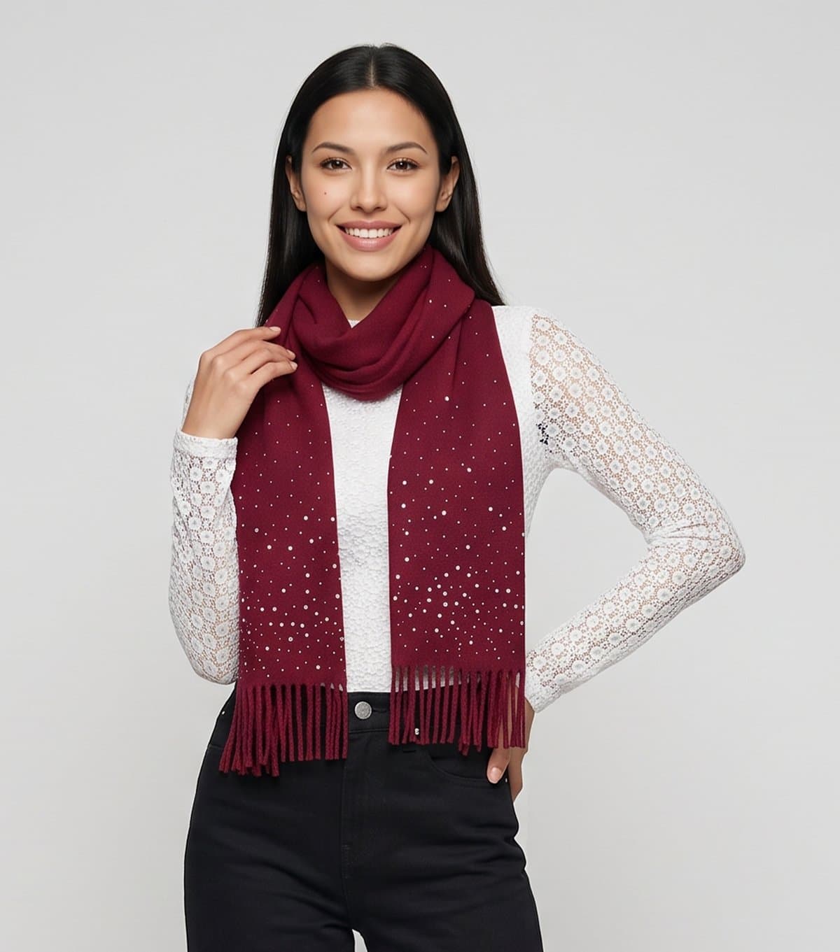 Gini London Dark Burgundy Gem Embellished Tassel Edge Scarf Gini London New Look