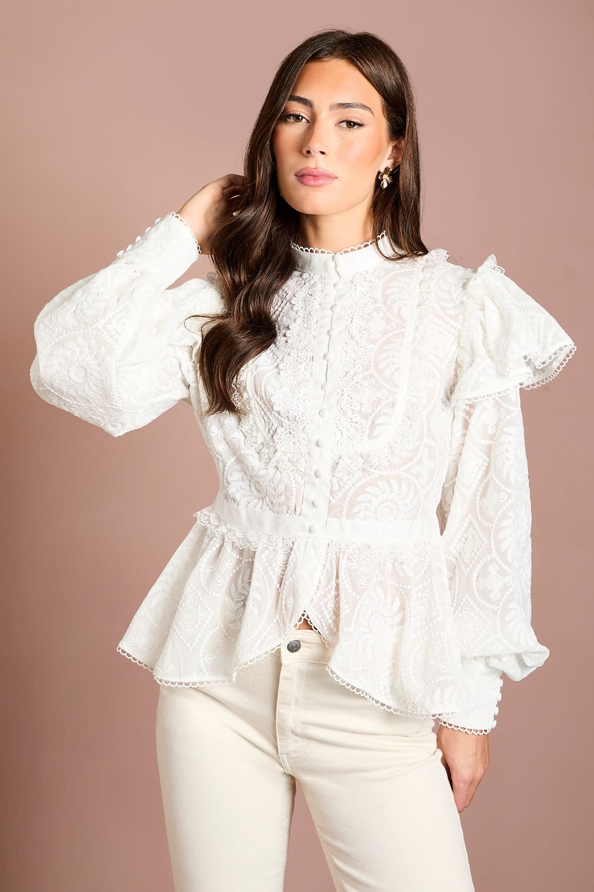 Coast Women's Lace Frill Detail Long Sleeve Blouse in Ivory