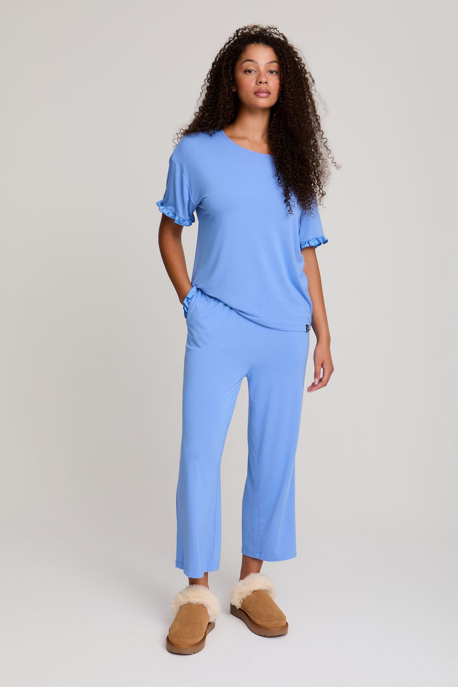 Pretty You London Pretty You London Women's Bamboo Frill Tee Trouser Set in Bright Blue