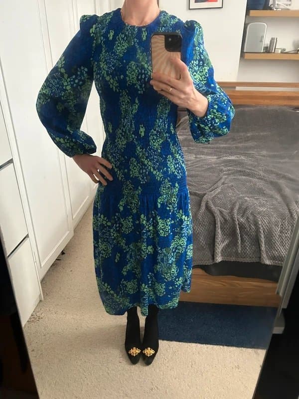 Never Fully Dressed Blue and green long sleeved dress, Never Fully Dressed, size 8