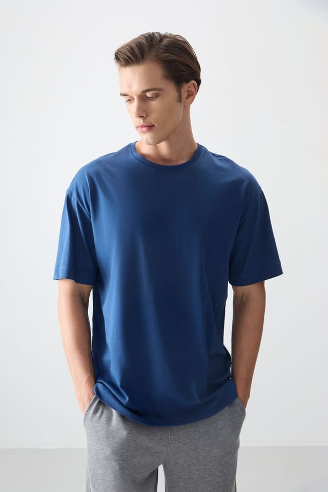 Tommy Life Tommy Life Men's Oversized Cotton Crew Neck T-Shirt in Blue - 3