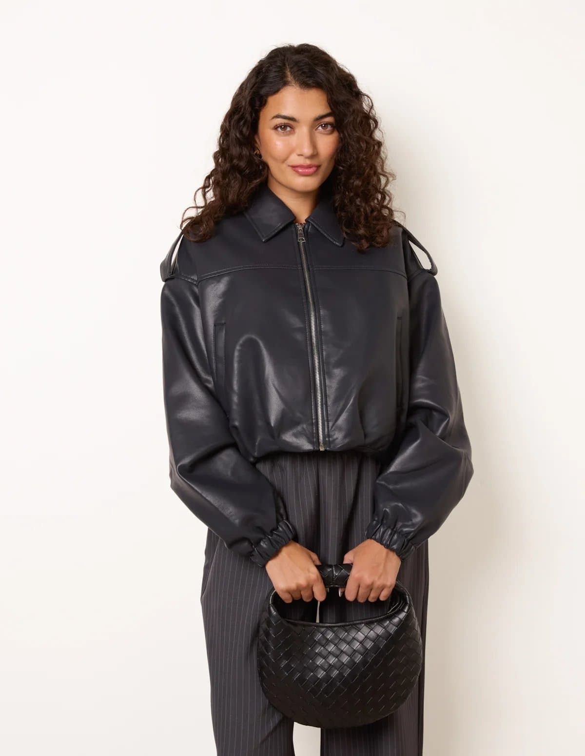 Blue Vanilla Puffball Zip Front PU Leather Jacket