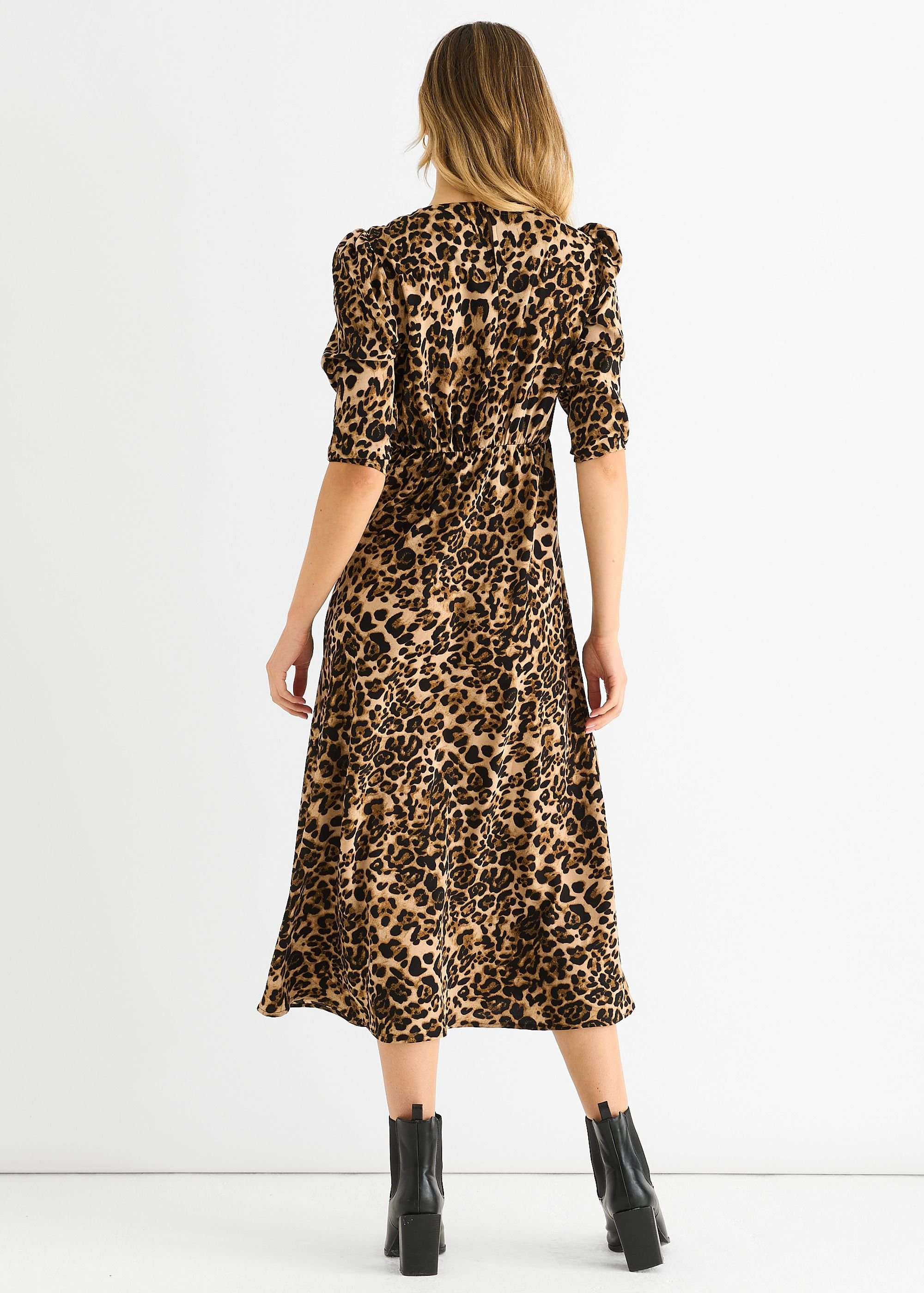 Gini London Gini London Women's Brown Animal Print Satin Animal Shift Midi Dress - 4
