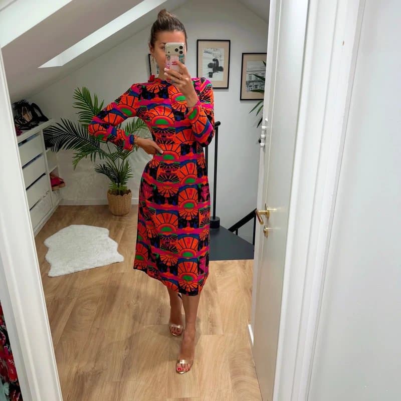 Never Fully Dressed Never Fully Dressed Bright Orange Pink Abstract Print Long Sleeve Midi Dress in Size 8