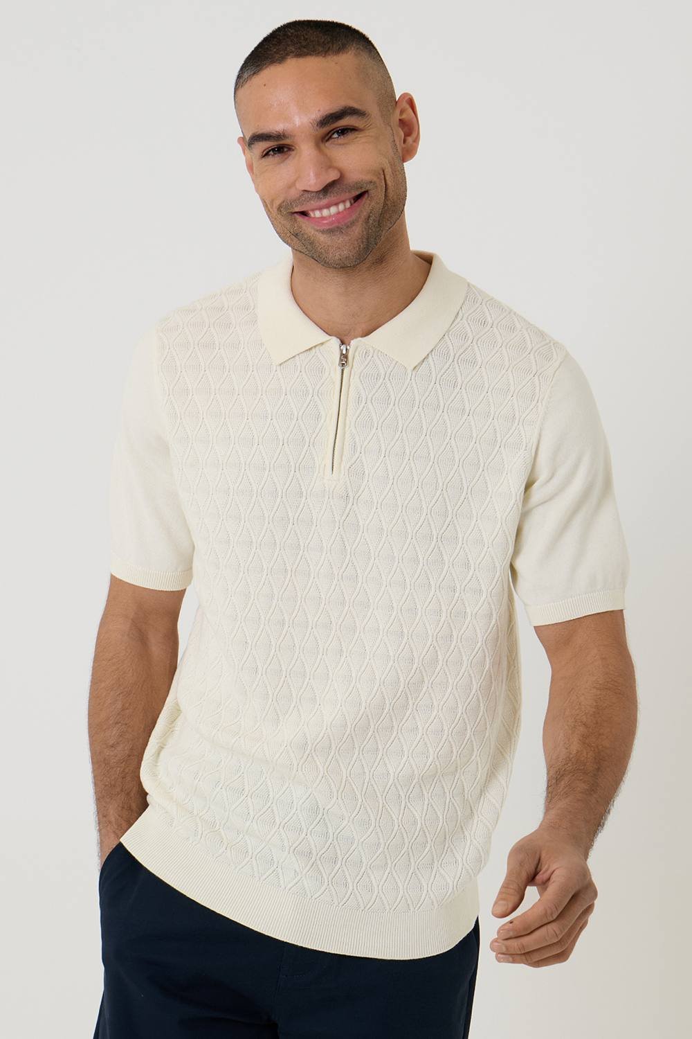 Threadbare Threadbare Men's Diamond Cable Knit Quarter Zip Polo in Natural - 2