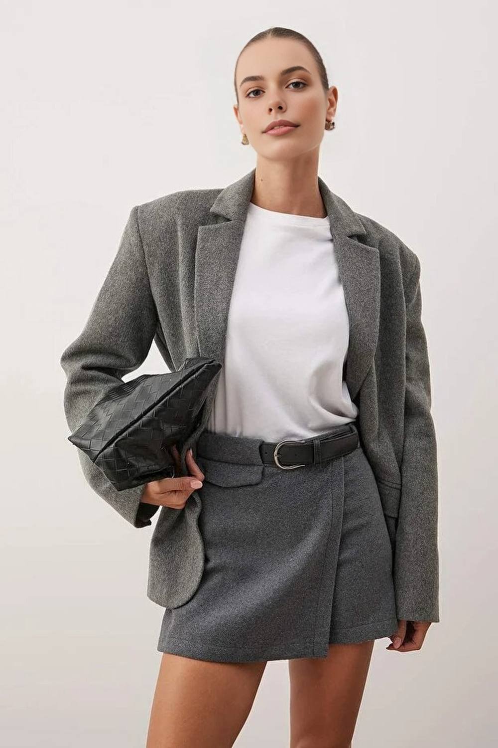 WOVCOR WOVCOR Women's Woven Belted Mini Skirt in Grey - 1