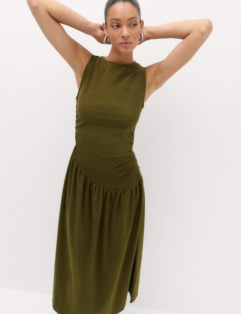 Marks & Spencer M&S Jersey Ruched Midaxi Drop Waist Dress Dark Khaki