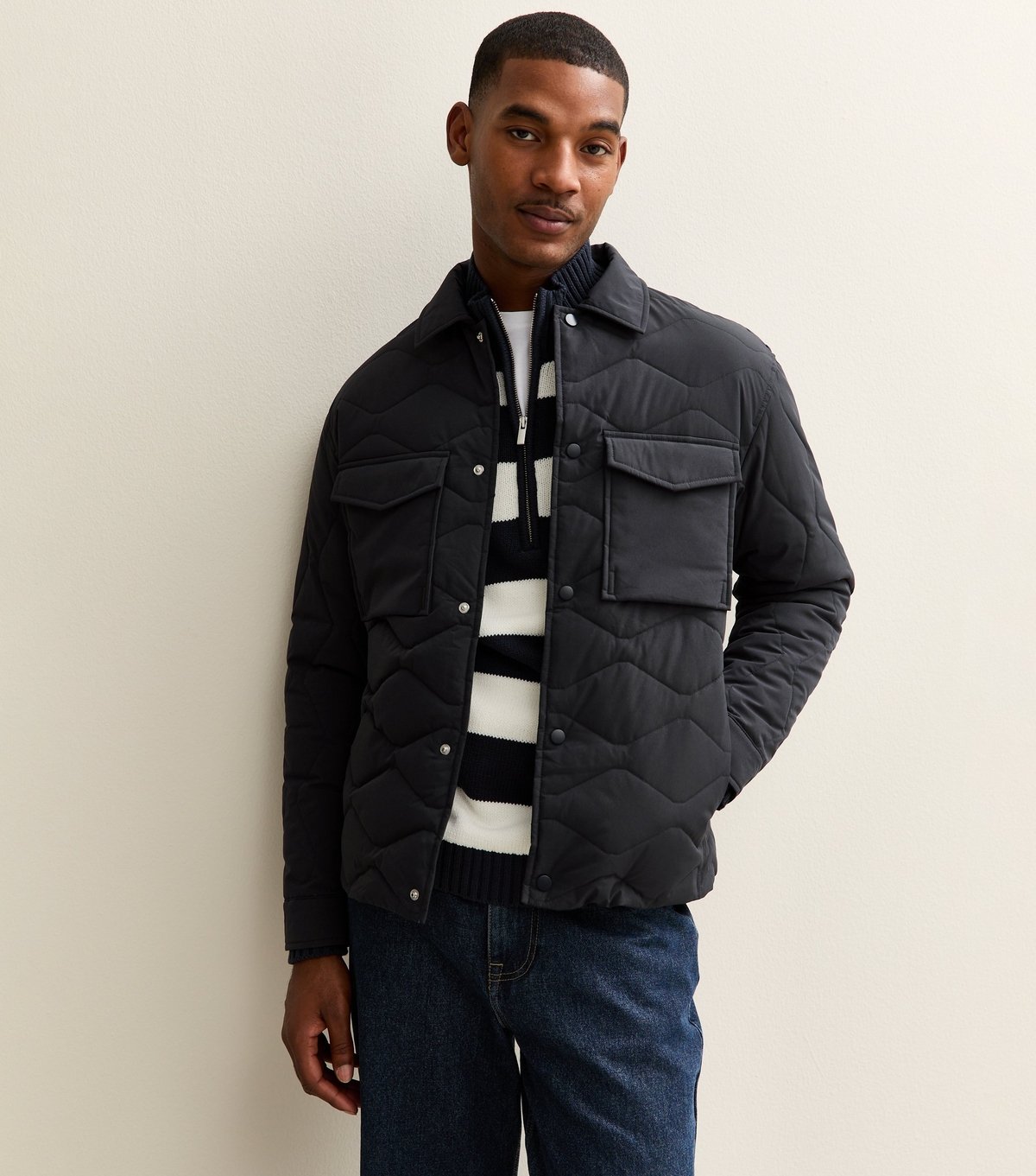 New Look Men's Dark Grey Patch Pocket Collared Quilted Jacket New Look - 1