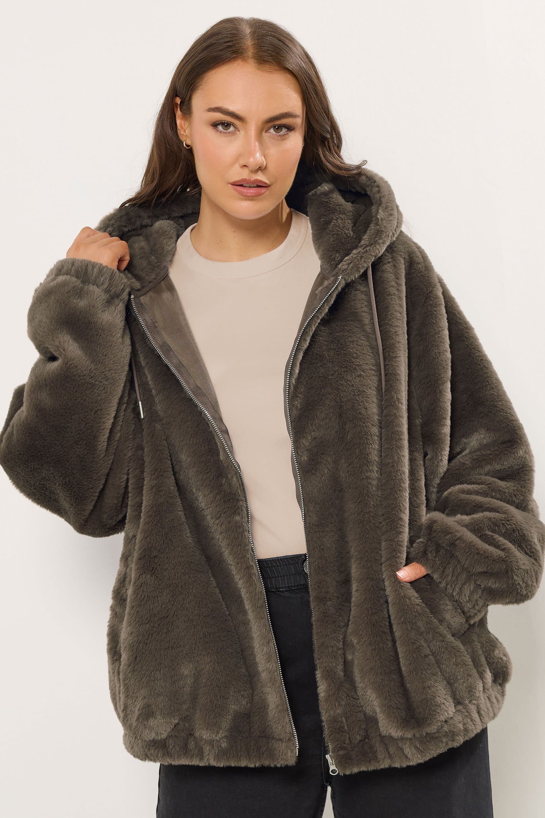 Yours Plus Size Brown Faux Fur Hooded Jacket