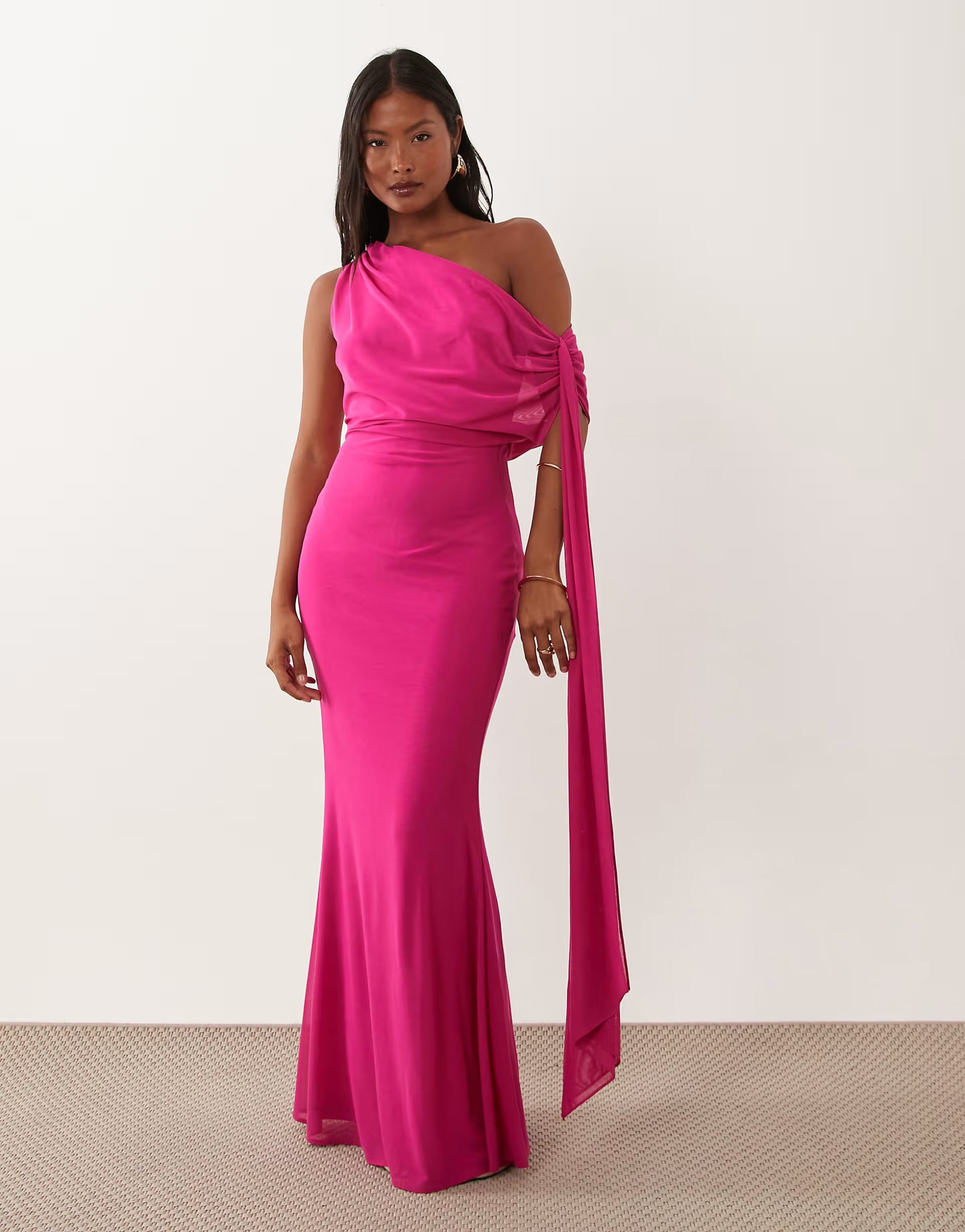 TFNC Petite Pink Mesh One-Shoulder Tie Detail Maxi Dress