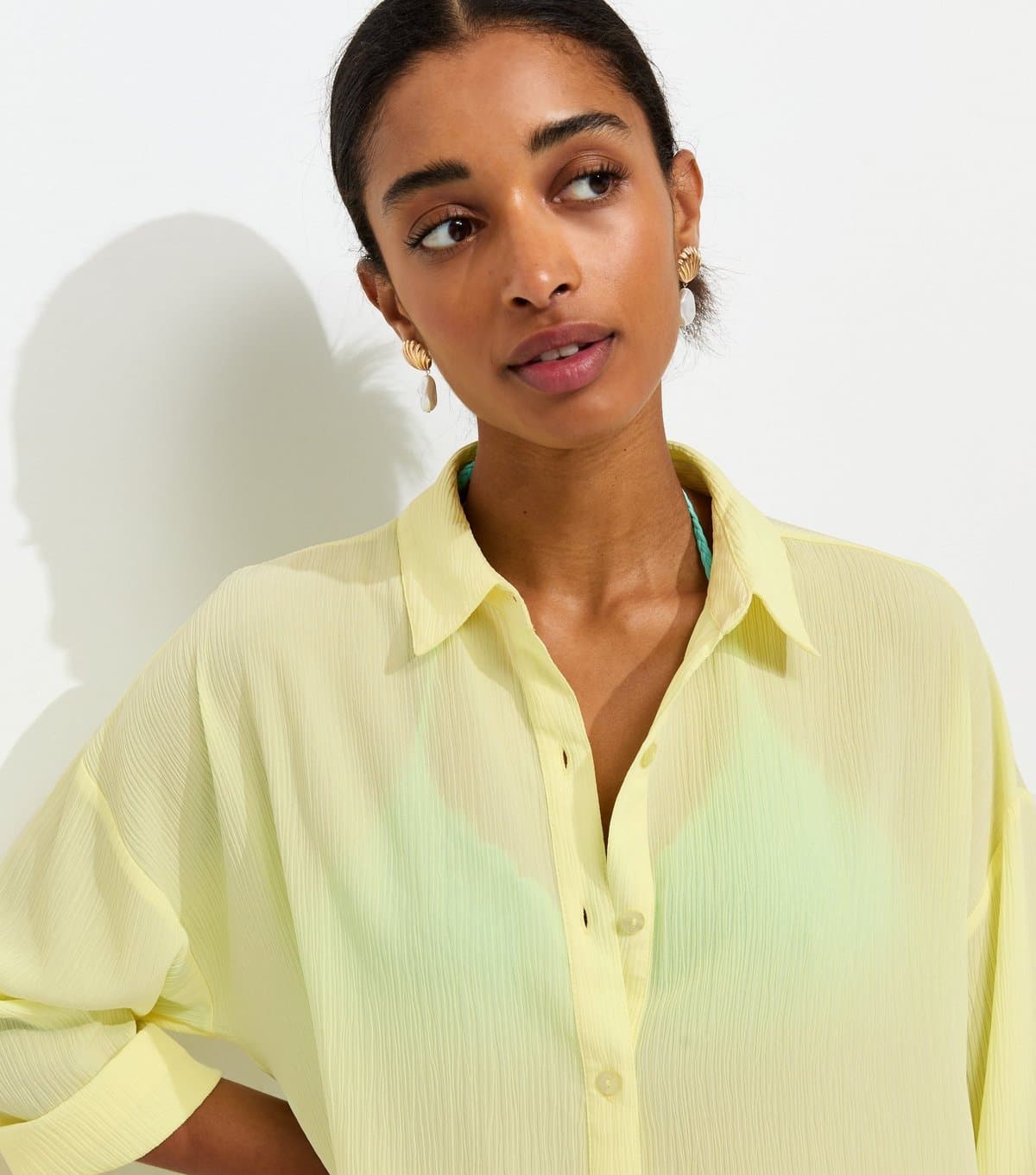 New Look New Look Light Yellow Crinkled Beach Shirt
