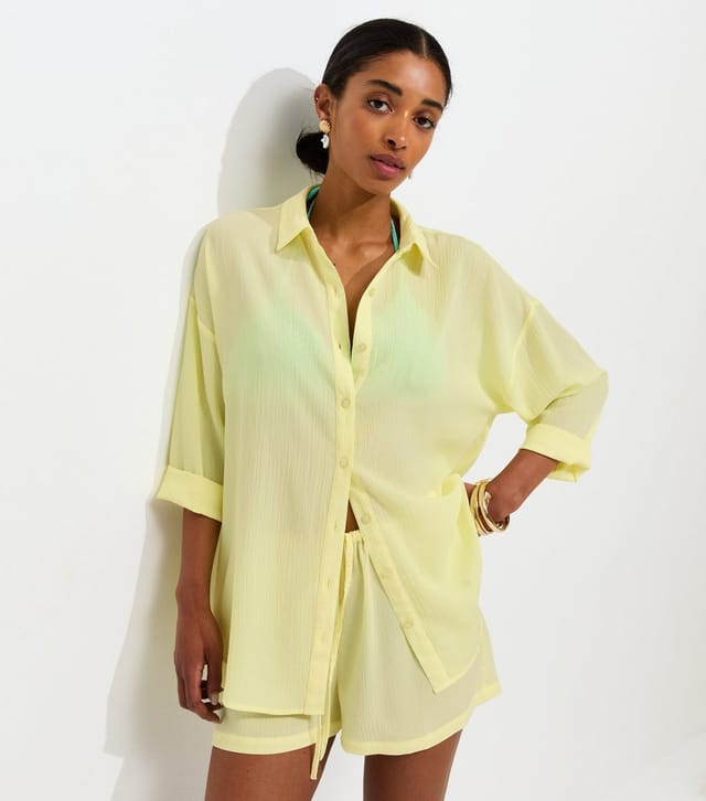New Look Women's Light Yellow Crinkled Beach Shirt New Look - 2