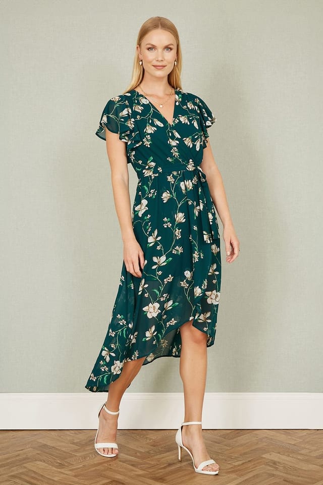 Yumi Yumi Women's Green Floral Wrap Midi Dress With Frill Hem - 3