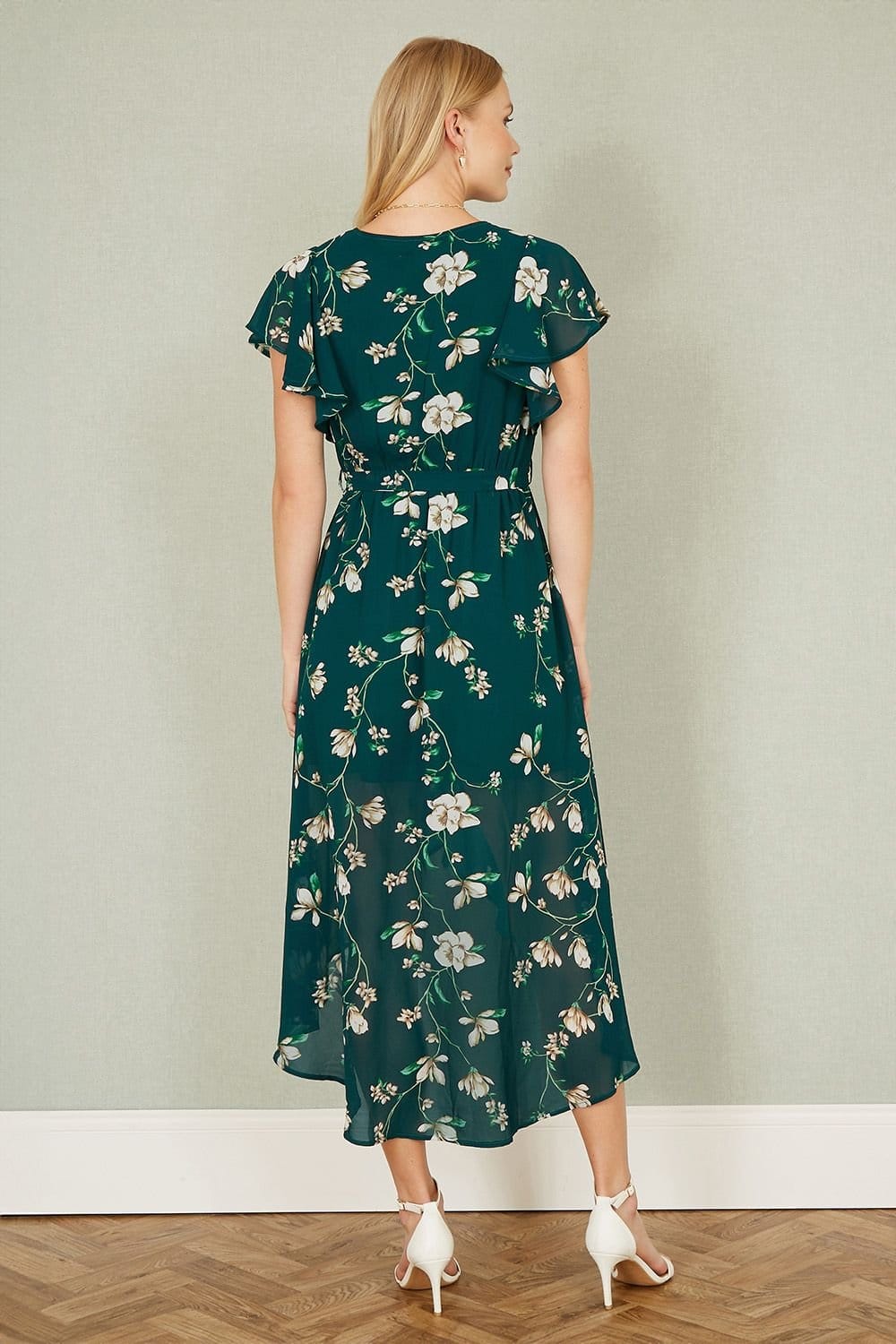 Yumi Yumi Women's Green Floral Wrap Midi Dress With Frill Hem - 4