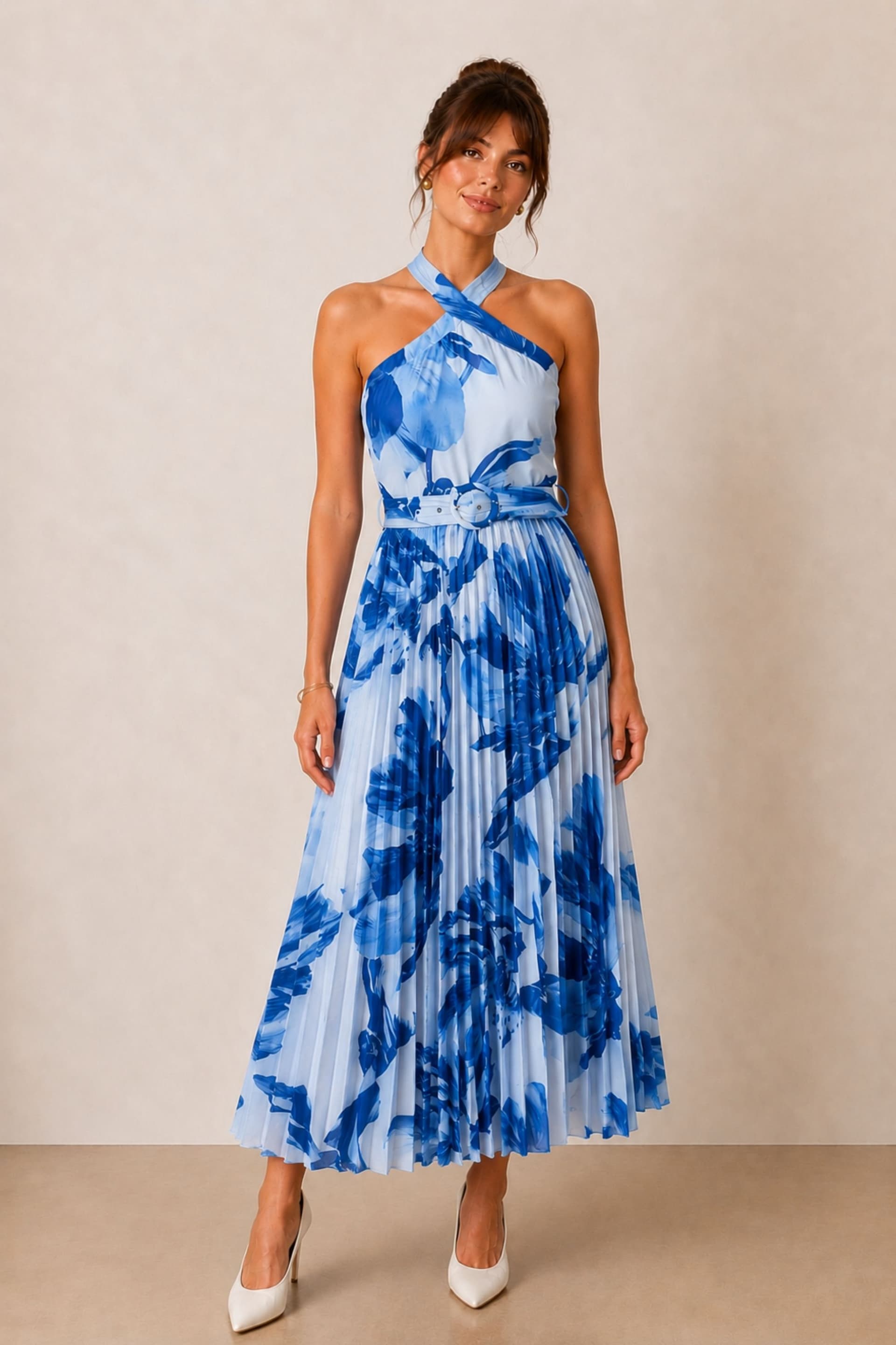 Style Cheat Style Cheat Women's Paige Halter Pleated Belted Dress / Blue Floral