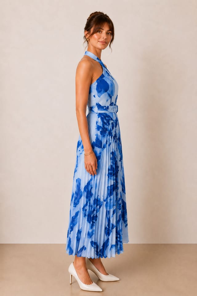 Style Cheat Style Cheat Women's Paige Halter Pleated Belted Dress / Blue Floral - 2