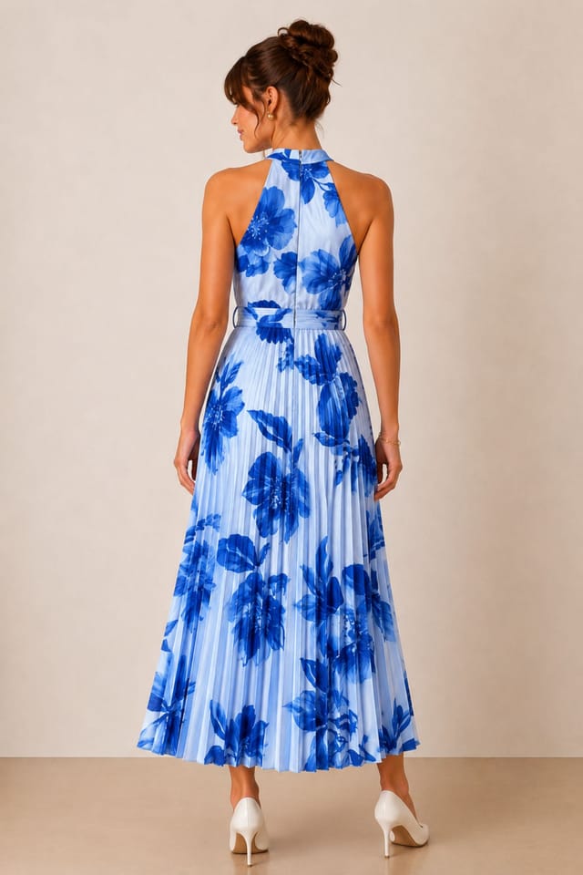 Style Cheat Style Cheat Women's Paige Halter Pleated Belted Dress / Blue Floral - 3