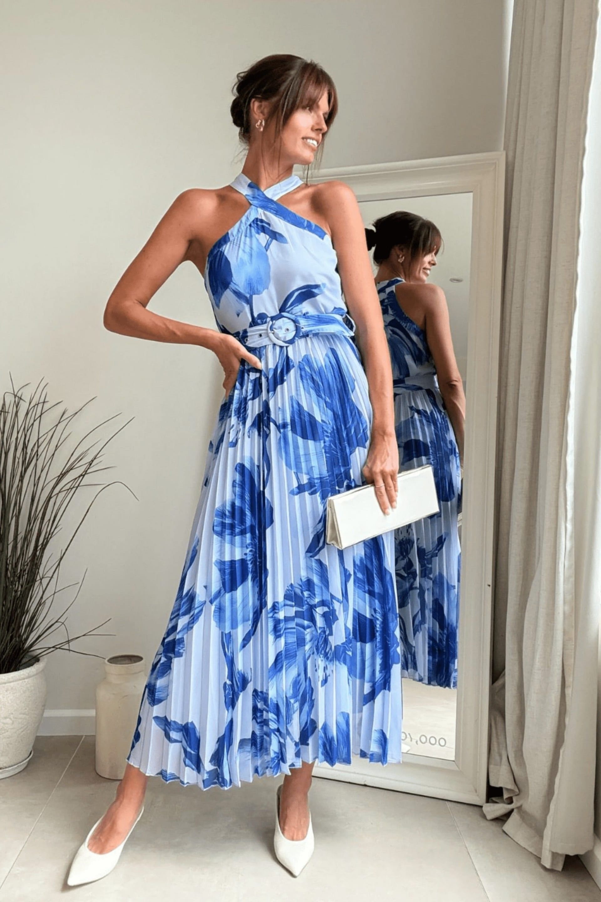 Style Cheat Style Cheat Women's Paige Halter Pleated Belted Dress / Blue Floral - 4