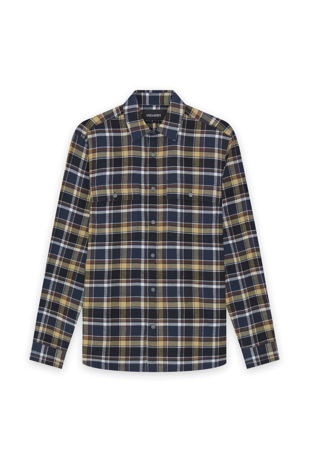 Lyle & Scott Lyle & Scott Men's Brushed Cotton Check Shirt Blue Night/ Green Tan - 2