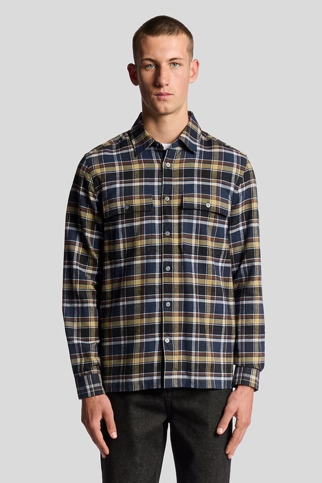 Lyle & Scott Lyle & Scott Men's Brushed Cotton Check Shirt Blue Night/ Green Tan - 2