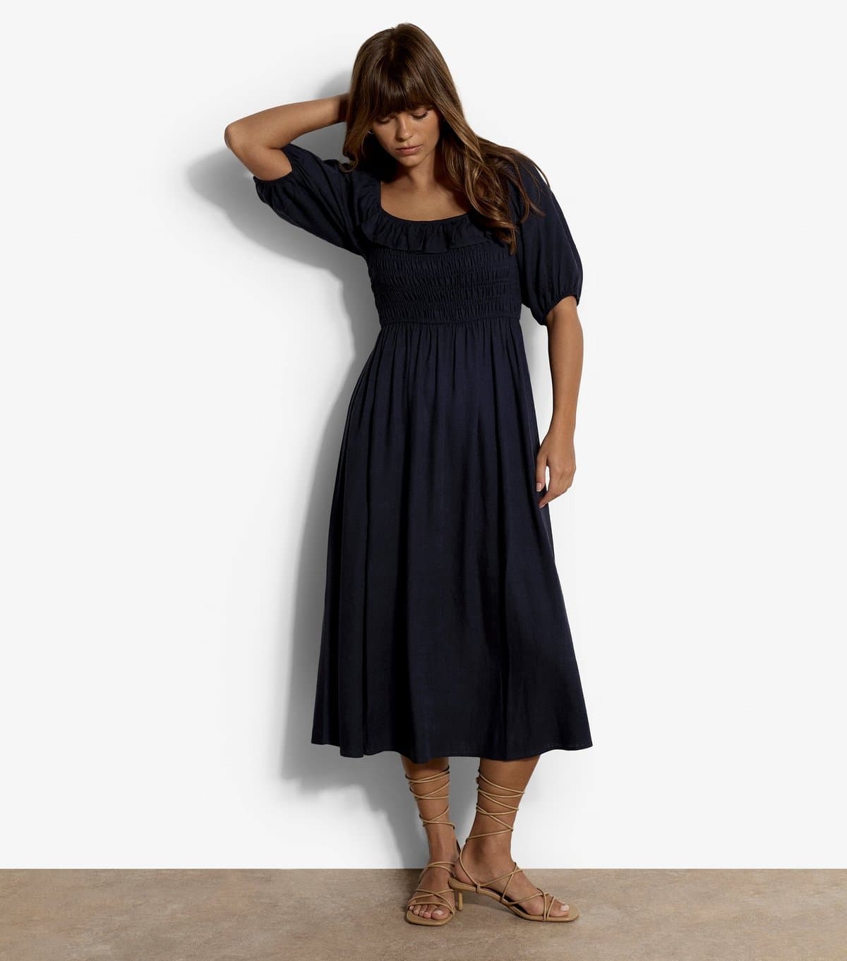 Apricot Women's Navy With Linen Bardot Midi Dress Apricot New Look