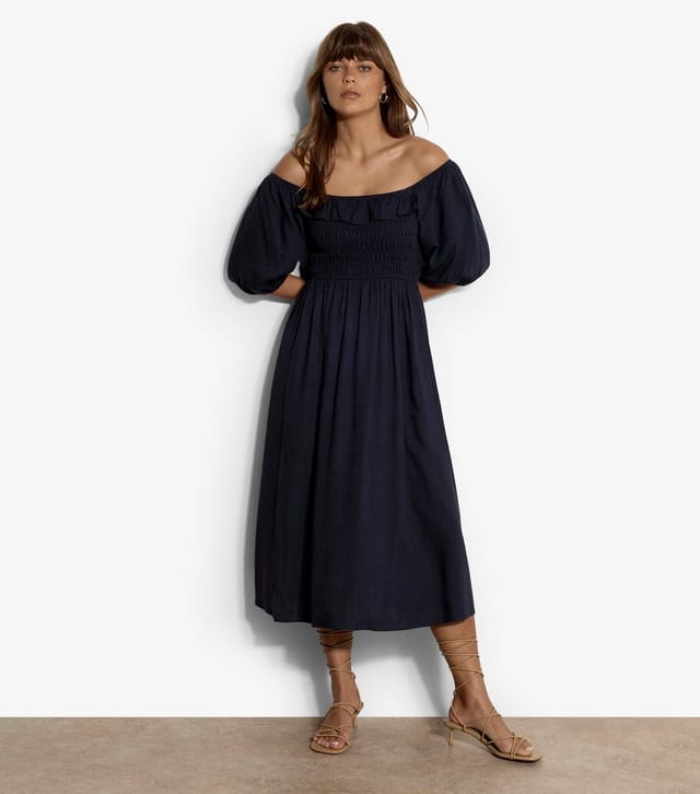 Apricot Women's Navy With Linen Bardot Midi Dress Apricot New Look - 2