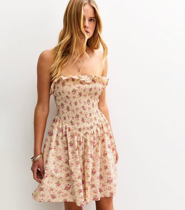 New Look Women's Cream Floral Print Shirred Bandeau Mini Dress New Look - 2