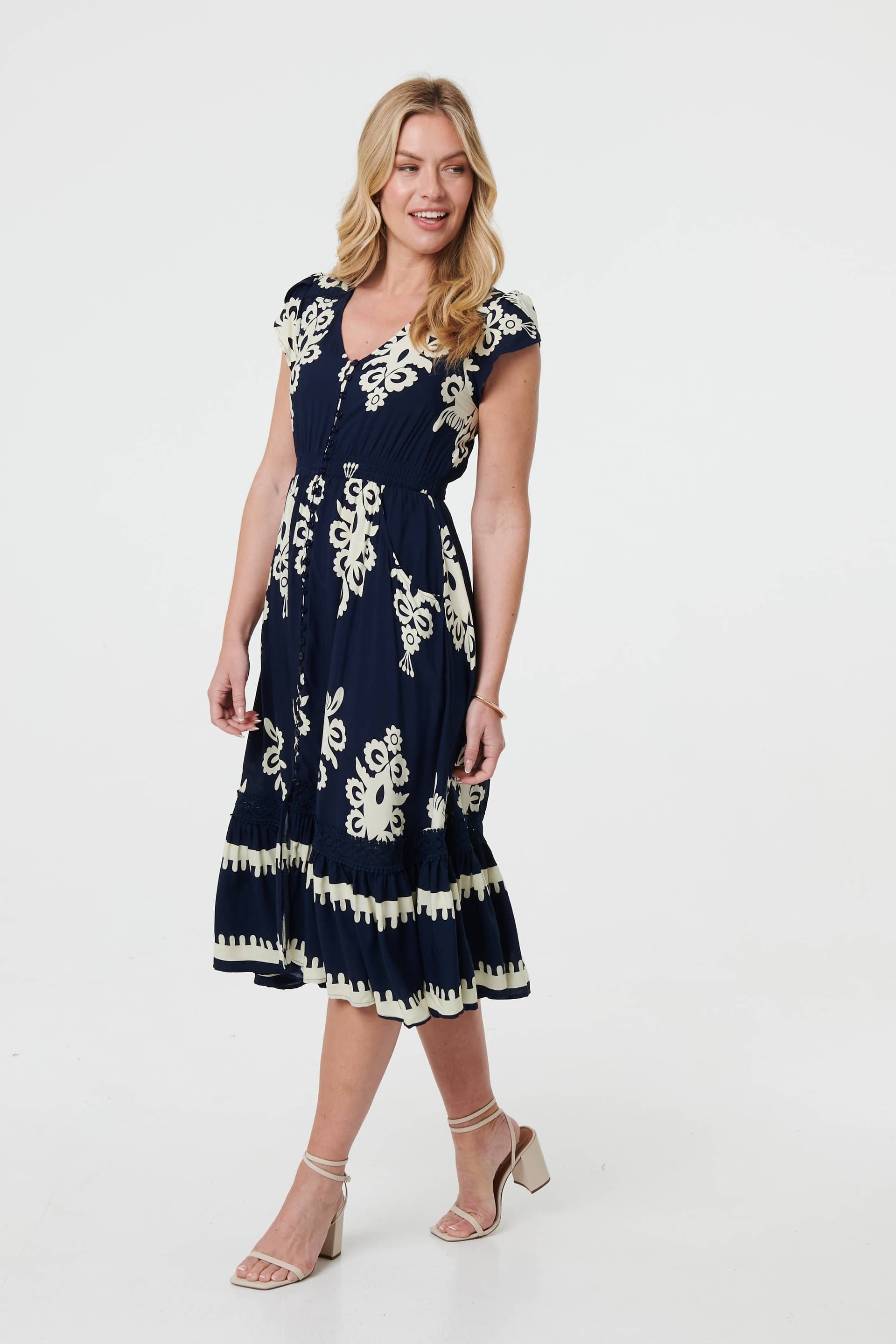 Izabel London Izabel London Women's Ikat Print Cap Sleeve Shirred Midi Dress in Blue
