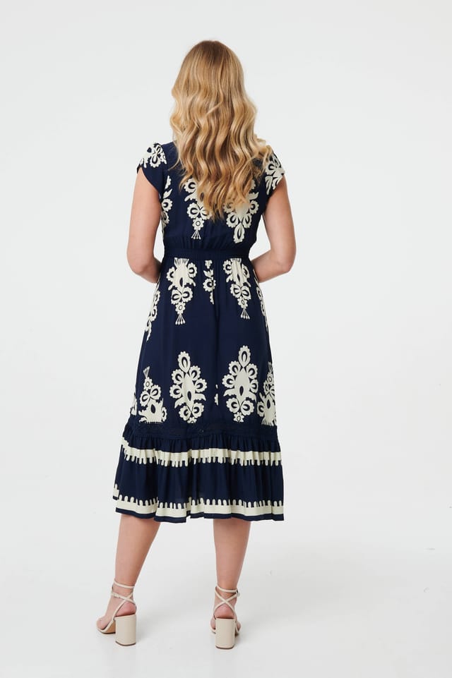 Izabel London Izabel London Women's Ikat Print Cap Sleeve Shirred Midi Dress in Blue - 2