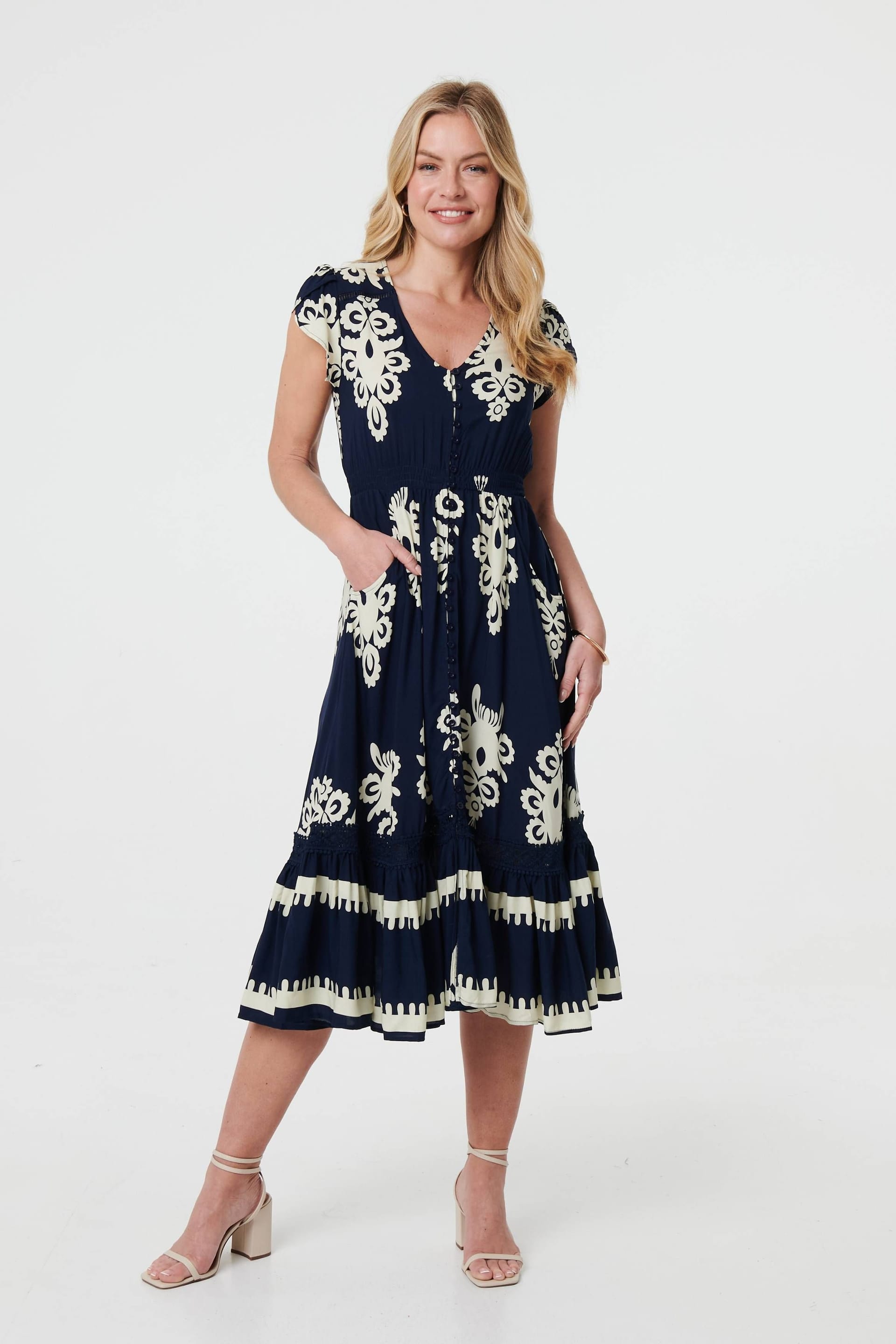 Izabel London Izabel London Women's Ikat Print Cap Sleeve Shirred Midi Dress in Blue - 4