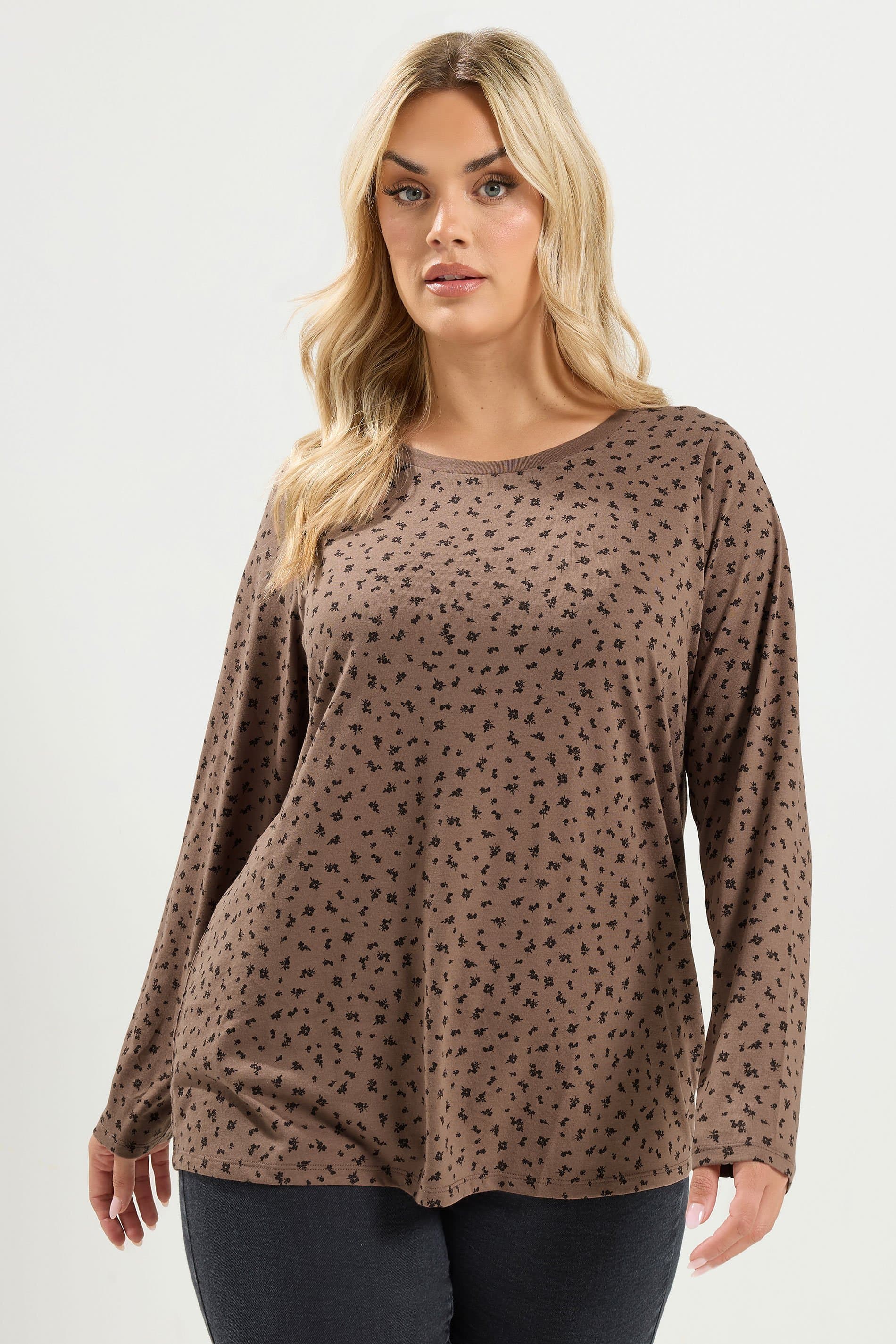 Yours Plus Size Brown Ditsy Floral Long Sleeve Tshirt