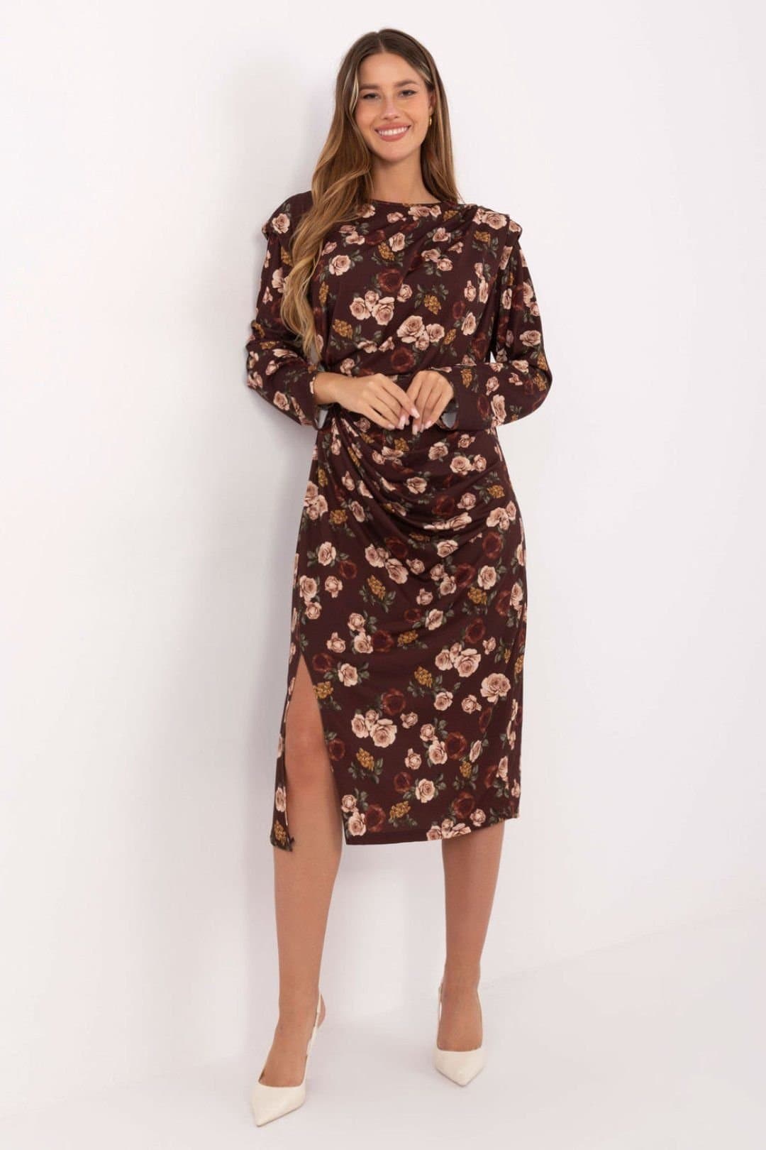 Love Lace Love Lace Women's Floral Pleated Midi Dress with Shoulder Pads in Brown