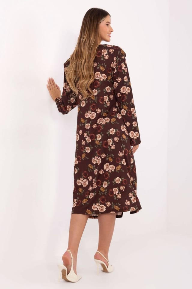 Love Lace Love Lace Women's Floral Pleated Midi Dress with Shoulder Pads in Brown - 3