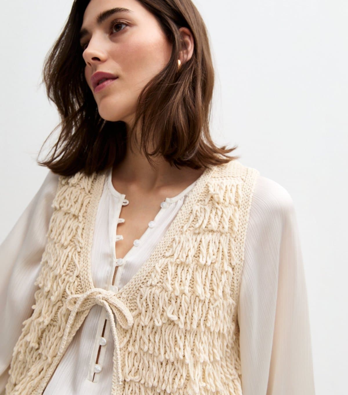 New Look Women's Cream Loopy Fringe Waistcoat New Look