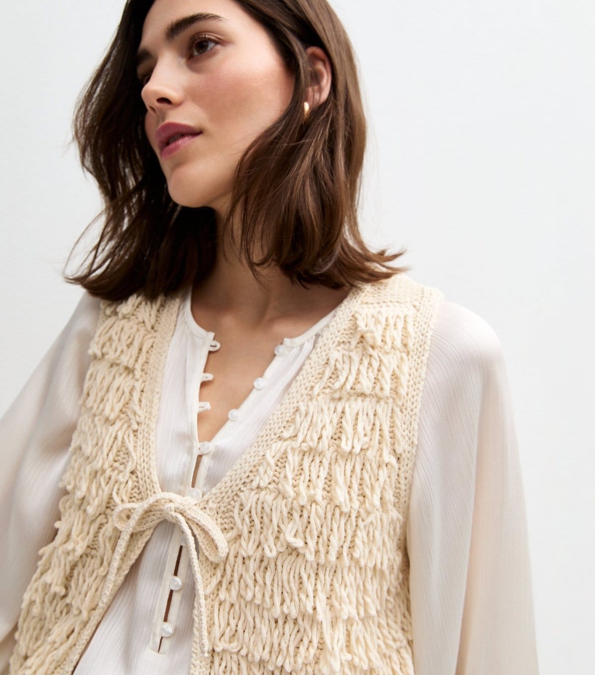 New Look Cream Loopy Fringe Waistcoat