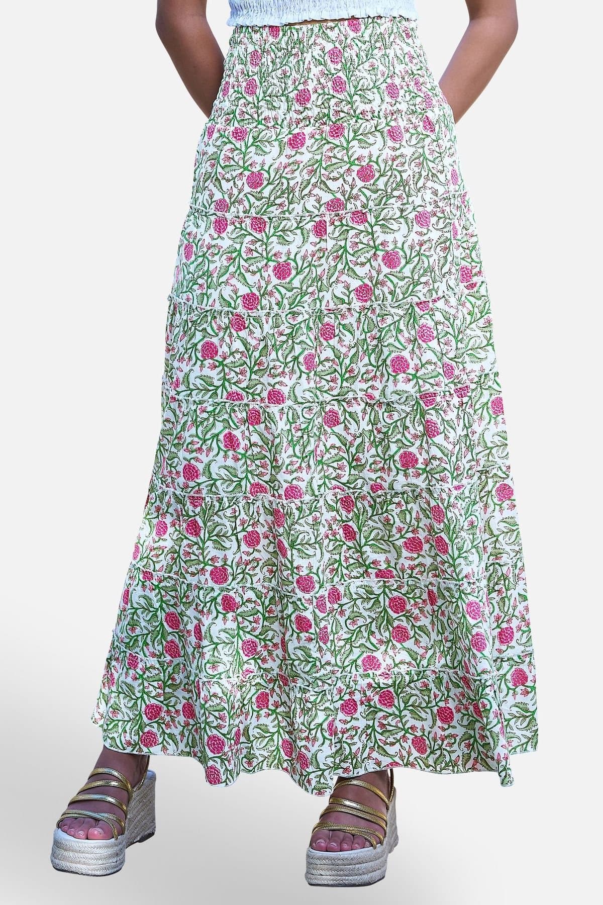 Yumi Yumi Women's White Boho Print Cotton Floral Maxi Skirt